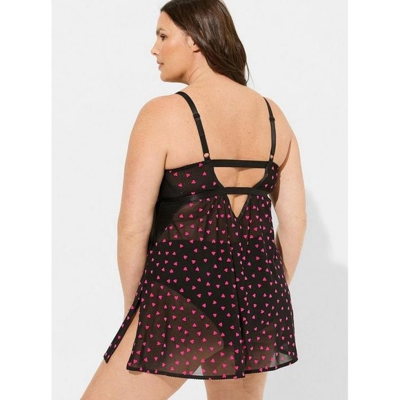 Torrid Black Mesh Flocked French Pink Hearts Babydoll Lingerie Chemise Size 2 2X - Picture 3 of 9